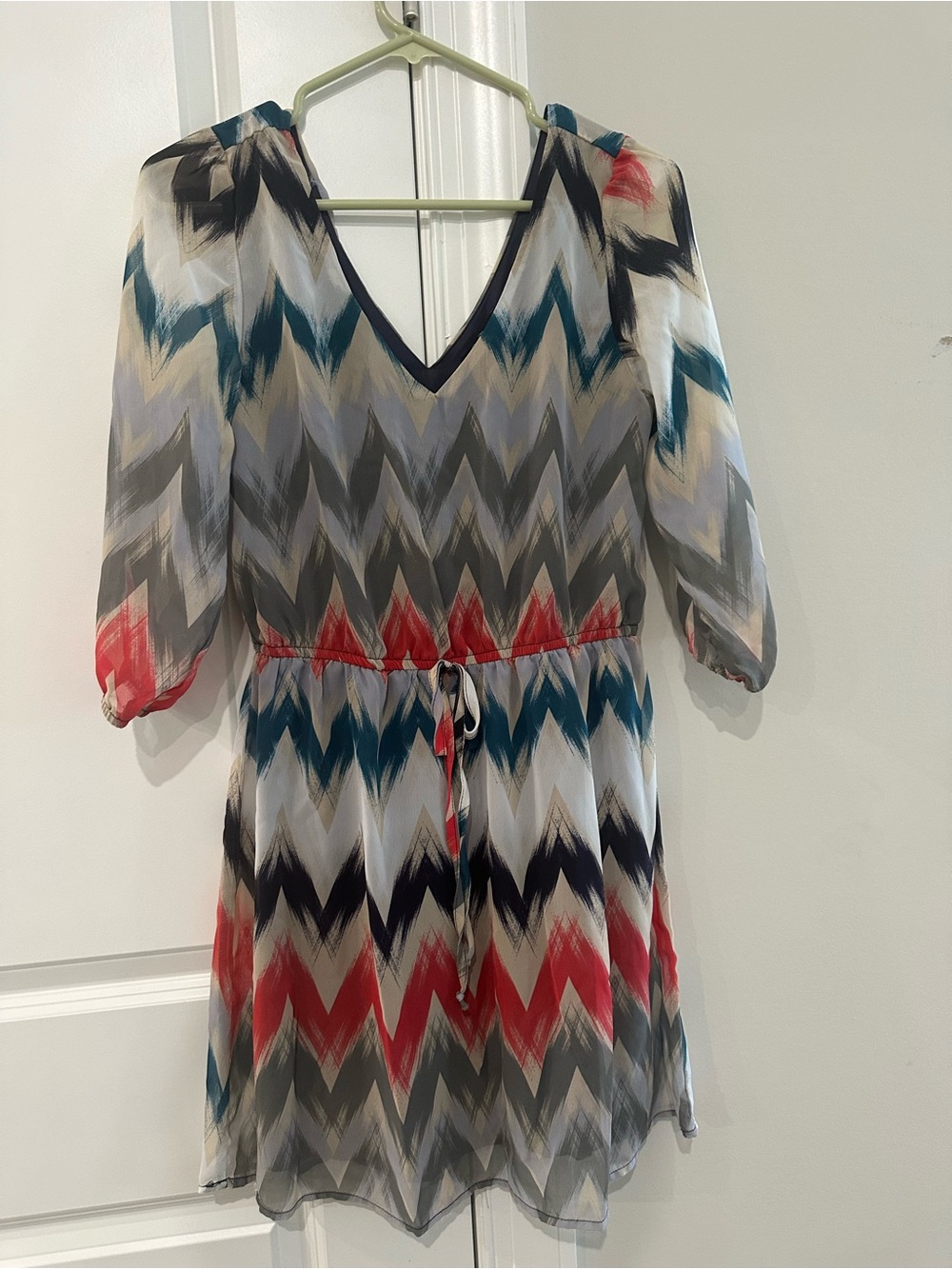BeBop Chevron V-Neck Drawstring Mini Dress in Red, Teal & Gray